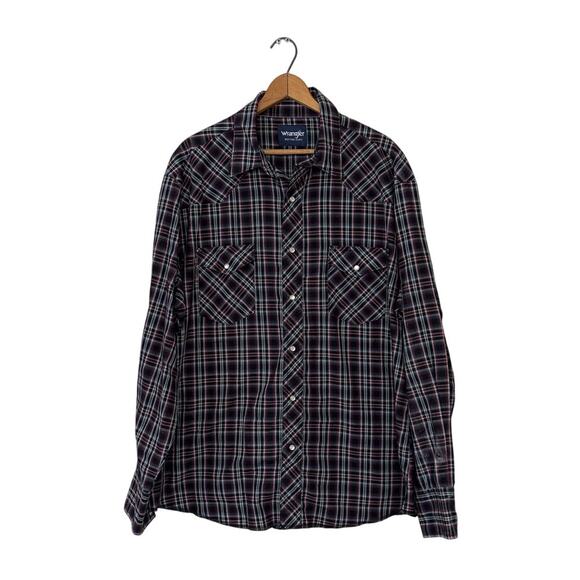 Wrangler Pearl Snap Shirt – Men’s XL – Black Maroon White Blue Plaid Western - Picture 1 of 8